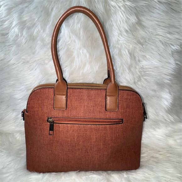 Women's Spacious Brown Structured Satchel Bag Purse with Leopard Print Lining - Picture 3 of 9